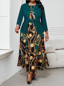 Fleurora Conjunto de 2 piezas de talla grande: chaqueta de manga larga y vestido de un solo color, casual y de moda para uso diario en primavera, verano, otoño e invierno. Vestido casual y elegante de cuello redondo, con volantes, cinturón, botones y manga larga. Conjunto de ropa profesional con falda marrón y falda amarilla