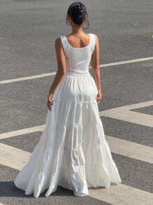 SHEIN EZwear 2pcs/Set Women Solid Front Button Vest Top And A-Line Max Skirt - White - View 2