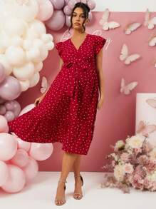 Loomaby Maternity V-Neck Tie Belt Pleated Casual Dress, Suitable For Vacation, For Baby Shower Party,, Valentine's Day,Gender Reveal Dress