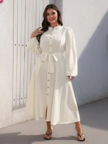 Aveloria Modichic Elegant Plus Size Women Metal Buckle Stand Collar Long Sleeve Midi Dress With Waistband And Creased Fabric Texture
