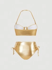 SHEIN MOD 女士纯色比基尼泳装，简约时尚休闲日常穿着，泳装套装，性感，性感比基尼，女士度假装，海滩度假，夏季海滩度假两件套泳装