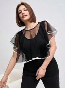 SHEIN Clasi 大码网眼披肩，优雅简约无袖休闲日常穿着 - 黑與白 - 查看 2