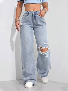 SHEIN EZwear Women's Casual Washed Distressed Wide Leg Jeans - Light Wash - View 5