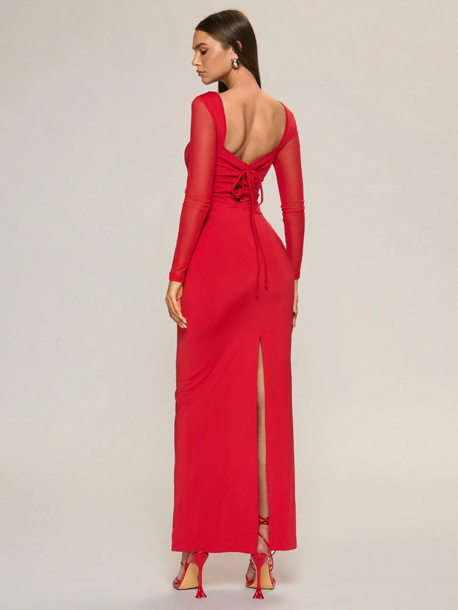 Glamine 女士春夏撞色蕾丝方领长袖开衩下摆优雅时尚连衣裙，适合情人节派对或特殊场合 - 紅色 - 查看 1