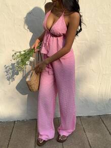 Sunnyshic Embroidered Spaghetti Strap Top & Loose Pants Beach Set, For Vacation - Pink - View 3