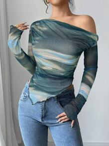 Firerie Women's Oblique Shoulder Long Sleeve Printed Casual Slim Fit Leopard Print Tank Top - Green - View 5