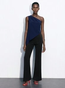 Maija Women's Elegant Sleeveless Ruched One Shoulder Top,Navy Blue Summer Casual Top,Party Night Graduation Beach Holiday Independence Day Top - Navy Blue - View 4