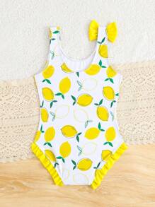 Young Girls Lemon Print One-Piece Swimsuit,Ruffle Trim Soft Knitted Swimwear With Bow Accent For Summer Beach Holiday And Family Vacation - Yellow - View 2
