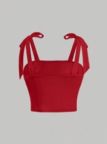 SHEIN Girlism Tween Girl Elegant Solid Red Fitted Sweet Bow-Knot Tie Shoulder Side Ruched Cami Top, Valentine's Day Mommy And Me - Red - View 2