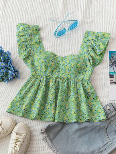 Soleia 女士度假风碎花方领盖袖宽松衬衫，黄色碎花方领盖袖休闲衬衫