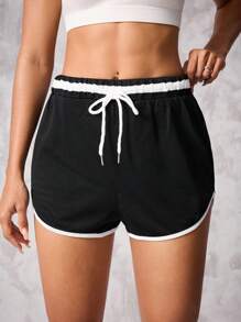 Easithlete Lässig Sport Shorts mit Schlitz und Kordelzug Taille für Damen, Schweißtreibenden Shorts, Fitnessstudio Shorts, Bike Shorts - Schwarz und Weiss - Übersicht 3