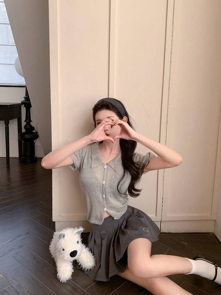 Women's Casual Polo Collar Knit Short Sleeve Top,Crop Tops Women