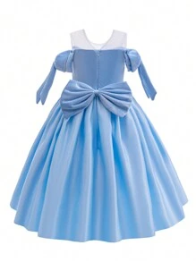 SHEIN Glamorique Kids Young Girls Party Dress, Waist Cinched Puff Dress, Round Neck Bow Elegant Banquet Dress, Flower Girl Dress, For All Seasons - Blue - View 2