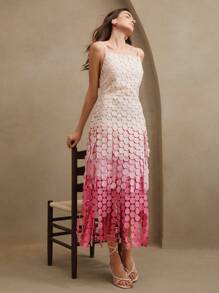 Anewsta 圆形流苏镂空刺绣高腰吊带裙，飘逸宽松性感镂空连衣裙，女士夏季服装，节日 - 粉色 - 查看 5