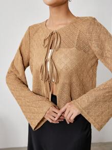 EastFlair 女士前系带休闲衬衫，简约时尚日常穿着，春夏 - 卡其色 - 查看 5