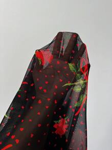 SHEIN Unity Women's Valentine's Day Red Rose Printed Asymmetrical Sleeveless Long Sleeve T-Shirt Black And Red,Autumn,Seductive,Night Out,Casual Versatile Cloth - Black - View 7