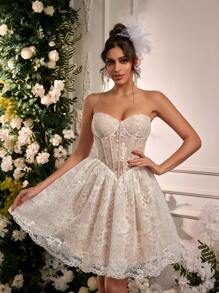 SHEIN Belle 优雅浪漫白色蕾丝筒鱼骨V字腰泡泡袖连衣裙适合晚宴单身派对约会度假返校季毕业季婚礼活动生日派对新娘送礼会礼服，小白裙 - 白色 - 查看 2