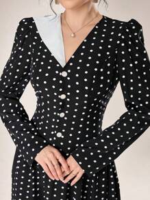 Modelyn 女士圆点印花泡泡袖优雅中长连衣裙