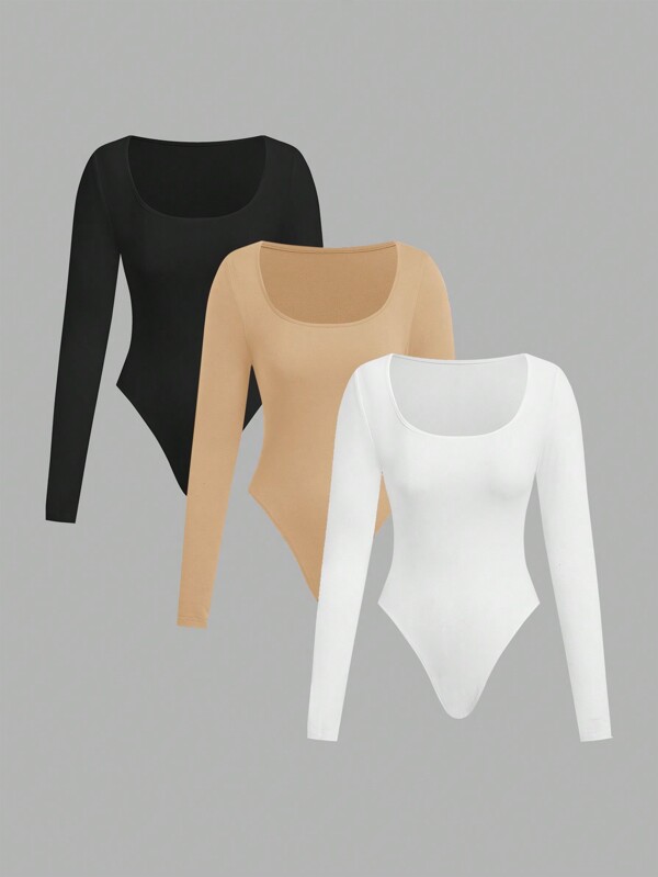 SHEIN EZwear 3pcs Plus Size Square Neck Basic Long Sleeve Knit Bodysuit