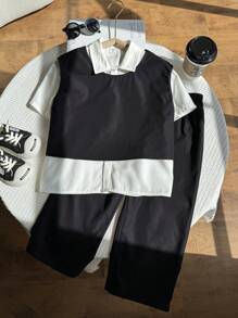 SHEIN Leap Crew 3pcs Young Boys' Korean Style Set,Round Neck Vest,Short Sleeve Shirt,Solid Color Pants,Summer,Family Matching,Back-To-School Kids' Outfits For School - Black and White - View 4