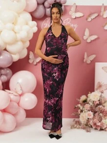 Loomaby Maternity Floral Print Halter Dress, For Baby Shower Party, Valentine's Day, Gender Reveal Dress