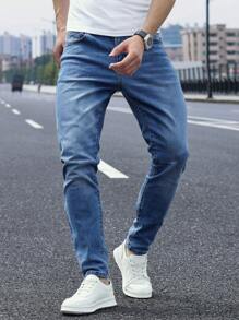 Manfinity Homme Men's Pockets Skinny Casual Versatile Jeans - Medium Wash - View 1