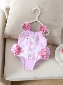 Newborn Baby Pink Zip-Up One-Piece Swimsuit With Cute 3D Bow Decoration
