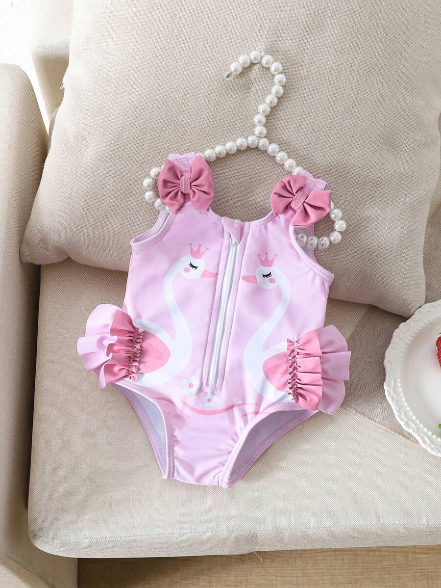 Newborn Baby Pink Zip-Up One-Piece Swimsuit With Cute 3D Bow Decoration