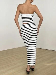 Flirla 2 piezas Conjunto de suéter de punto casual de moda a rayas para mujer