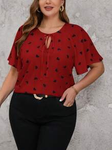 Reflora Plus Size Ruffle Heart Decor Summer Shirts, Casual And Fashionable For Daily Wear - Burgundy - View 6