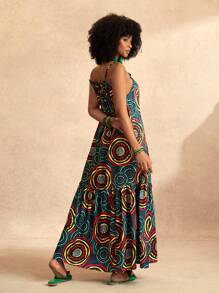 Slaydiva Beach New Spring And Summer Holiday Suspender Neck Pleated Sleeveless A-Hem Cake Skirt Pattern Dark Green Red Ring Pattern Printed Women's Maxi Dress