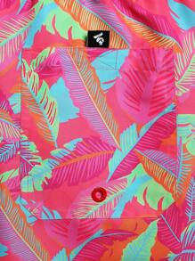 Manfinity KASUA Men's Tropical Plant Print Drawstring Waist Beach Shorts Men Swim Trunks,Hawaiian - Hot Pink - View 6