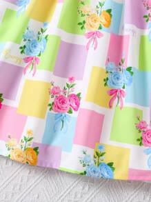 Vestido con estampado floral, cuello redondo y manga corta para niñas jóvenes y lindas