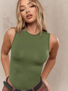 MISSGUIDED Body sin mangas acanalado de cuello alto, maillot básico para actividades, danza, yoga, entrenamiento, ajuste ceñido, para verano y primavera - Verde militar - Ver 3