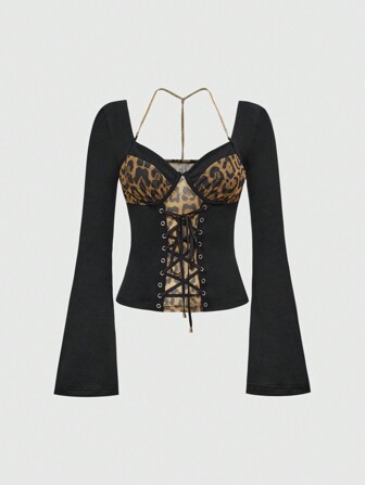 J-Fashion Top corto con mangas abombadas, diseño de patchwork de leopardo y tirantes entrecruzados, estilo Y2K Shibuya, para mujer