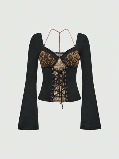 J-Fashion Débardeur court avec manches évasées style Shibuya Y2K, patchwork léopard et design à bretelles croisées pour femmes