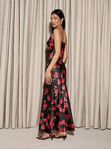AiiRZ Elegant Floral Evening Maxi Dress Satin Black Red Rose Print Straight Neck Special Occasion Wedding Guest Formal Prom Party Gown