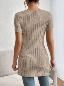 SHEIN Essnce Women's Solid Color V-Neck Short Sleeve Ribbed Casual T-Shirt - Camel - View 2