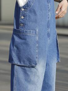 Manfinity Hypemode Pantalones de peto vaqueros casuales de pierna ancha y bolsillo para hombre, corte holgado