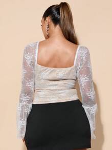SHEIN BAE Plus Size Women White Lace Long Sleeve Blouse, Flare Sleeve Sheer Top Suitable For Date, Valentine's Day, Carnival, Beach, Vacation, Back To School, Spring/Summer, Summer Women Outfit, Beach Women Outfits, Valentine's Clothes, Long Sleeve Top, Tight Fit, Knit Fashion Top
