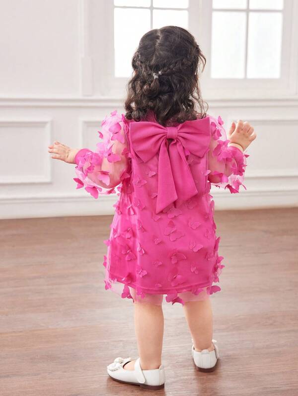 SHEIN Bebeluşă Rochie cu mâneci lungi din plasă fluture magenta, vară