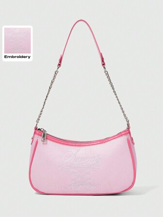 Kawaii 1 pezzo Borsa a spalla in velluto rosa con ricamo "SWEET", adatta per appuntamenti di San Valentino