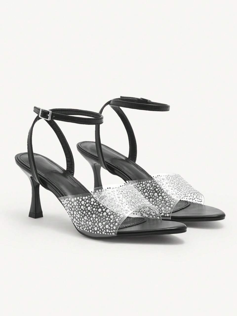 CUCCOO CHICEST Women's Round Toe High Heel Fashion Black PVC Fully Rhinestone Studded Versatile Peep Toe Stiletto Sandals