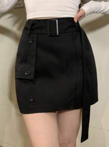 DAZY Falda casual con cintura anudada, estilo coreano, de unicolor, para otoño e invierno - Negro - Ver 4
