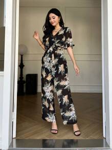 DAZY Women's Floral V-Neck Ruffled Tied Jumpsuit Vacation Outfits Women Easter Boho Jumpsuit For Women - Black - View 4