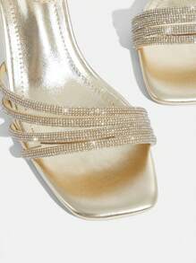 CUCCOO TILAWA Women's Stylish Square Toe Rhinestone Decor Elegant High Heel Sandals Spring Shoes Spring Break Easter Prom Heels For Christmas Valentine's Day - Gold - View 5