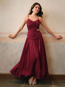 Anewsta Elegant Wine Red Woven Pleated Slip Dress For Women, Summer, Valentine's Day