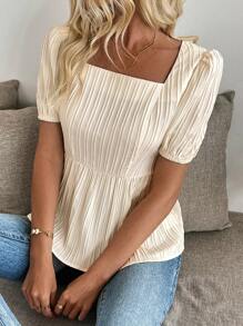 SHEIN LUNE Women Elegant Square Neck Solid Color Wave Tie Bow Contrast Color Short Sleeve Fitted Blouse - Apricot - View 6