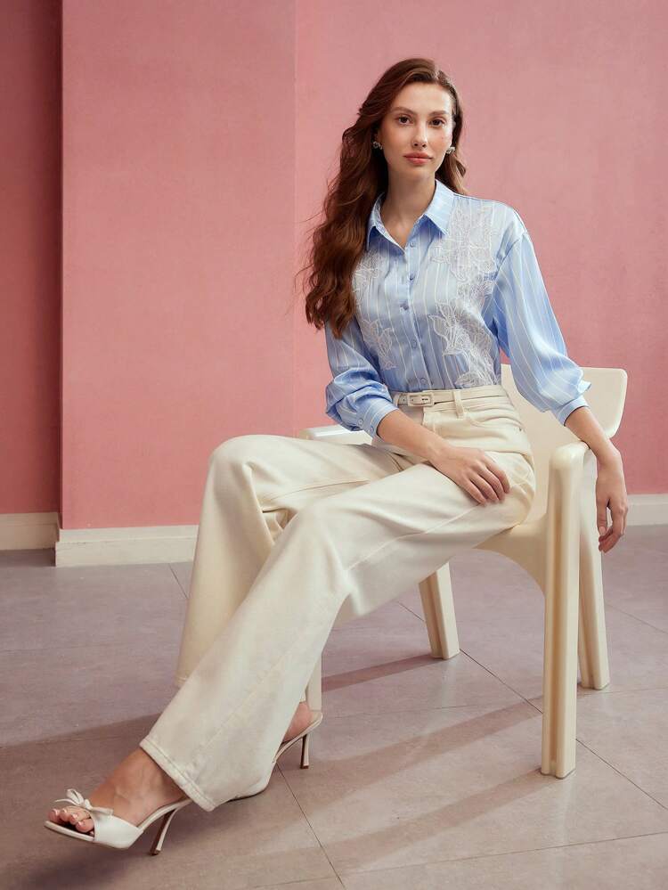 CONTRAST LACE STRIPED SHIRT,SPRING/SUMMER