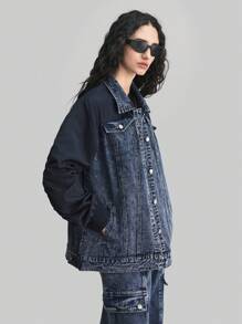 Ontre 女士前扣口袋休闲牛仔夹克，日常穿着西部牛仔女装 - 藍色 - 查看 4